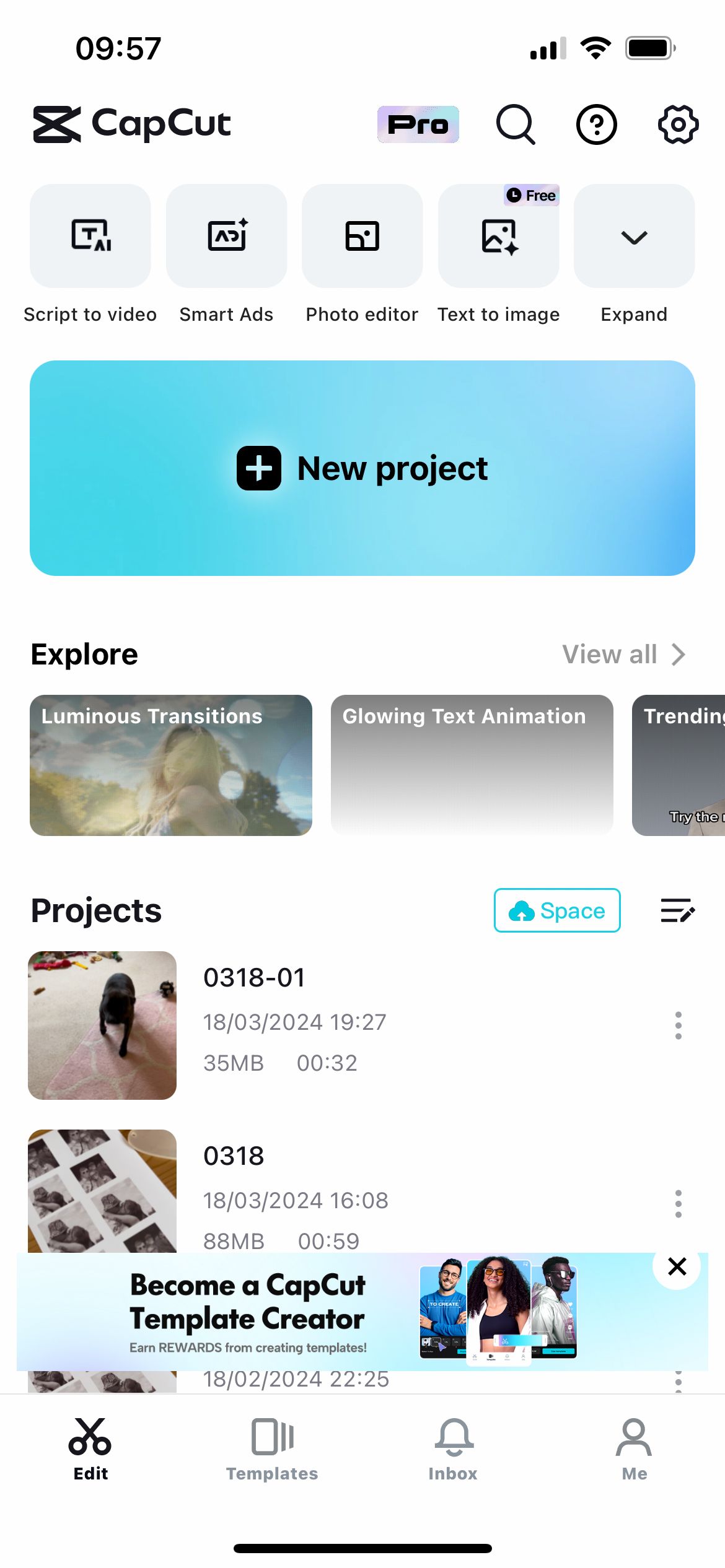 CapCut Pro v9.0.0 main interface showing project dashboard and editing tools