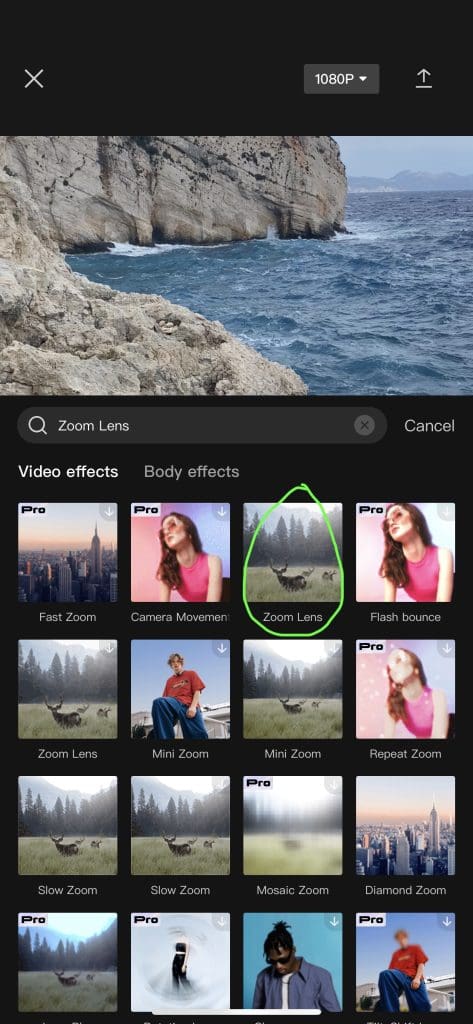 CapCut Pro v9.0.0 effects library showing premium filters and transitions